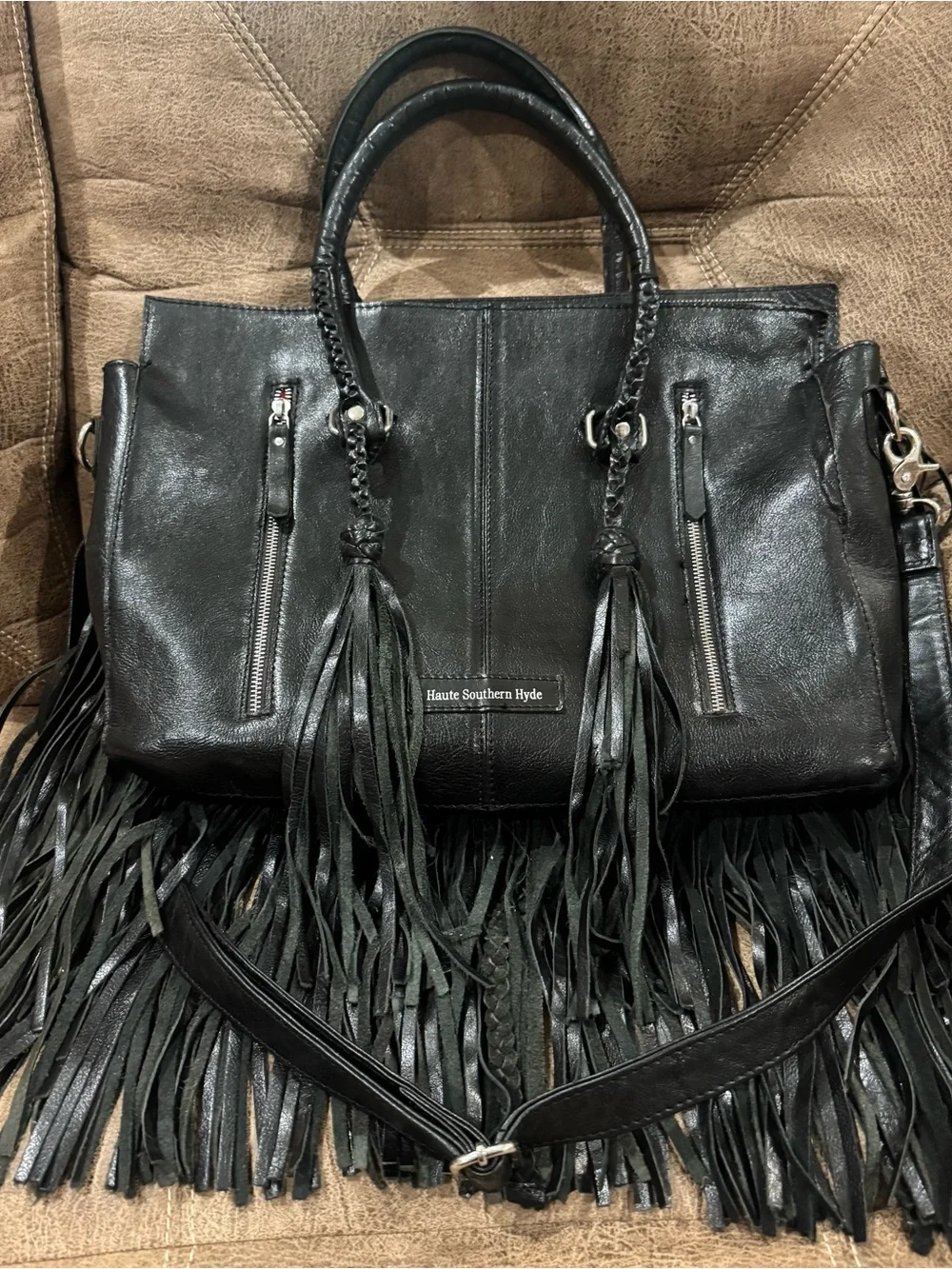 Fringed Western Leather Tote with Turquoise Accent - Black & Brown